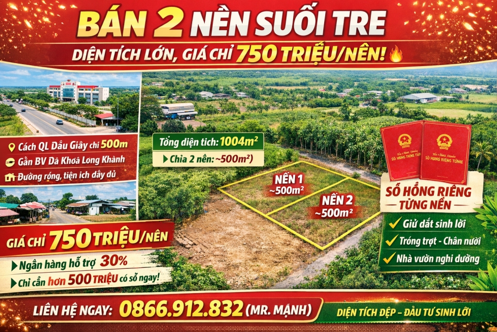 Bán gấp 2 nền đất Suối Tre, Long Khánh - 750 triệu/nền, sổ riêng